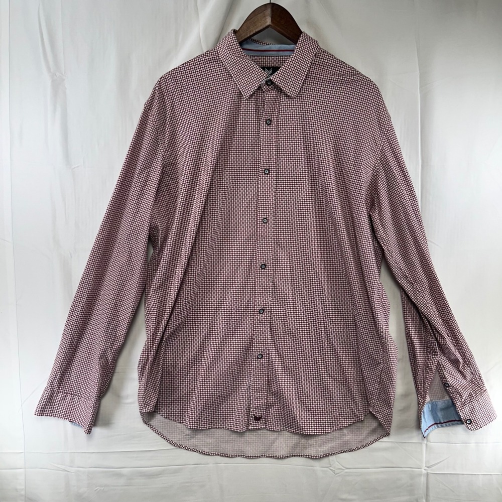 Buttercloth Button Down Shirt Mens 2XL Burgundy White Micro Check Long Sleeve